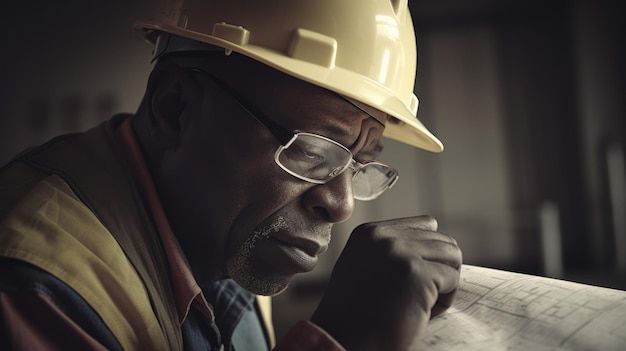 Ingenieur Man Afro-Amerikaans Rijp Een blauwdruk controleren in Bouwplaats Generatieve AI AIG22