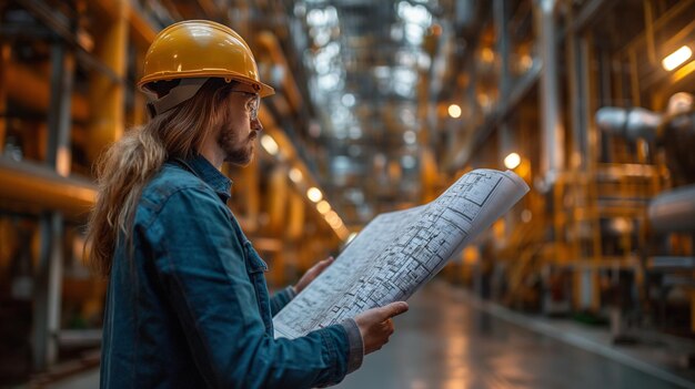 Ingenieur met een veiligheidshelm die complexe blauwdrukken controleert bij industriële productie generatieve ai