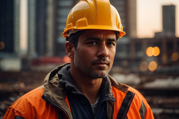 ingenieur met een veiligheidshut kijkt naar de bouwplaats met de bouw op de achtergrond