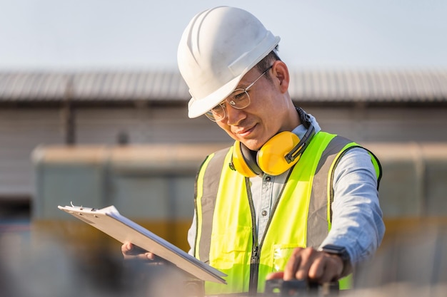 Foto ingenieur met klembordcontrolelijst mechanische arbeider die batterijopslagsysteem controleert