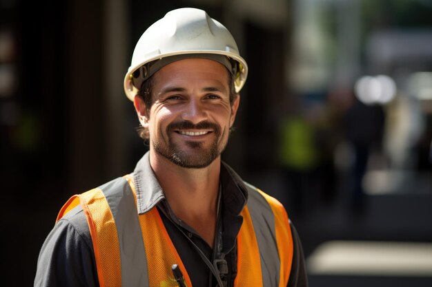 Foto ingenieur met kort haar met een helm en een veiligheidsvest.