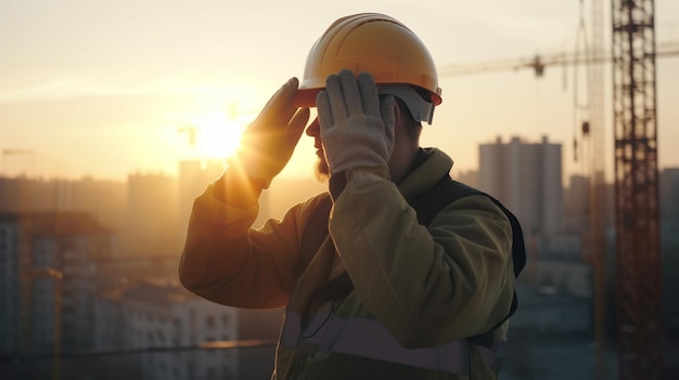 Ingenieur met veiligheidshelm en veiligheidsbril aan het werk op de bouwplaats bij zonsonderganggeneratieve ai