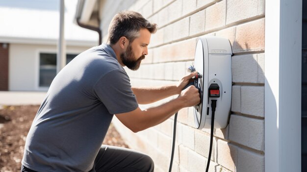 Ingenieur of technicus installeert een elektrische oplader in het huis