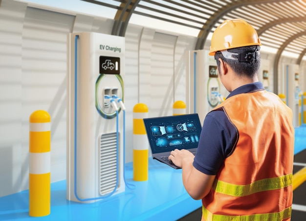 Ingenieur of technicus met ev-laadstations