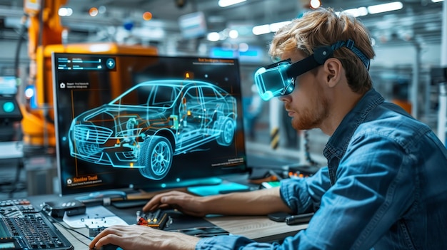 Foto ingenieur ontwerpt auto met virtual reality interface