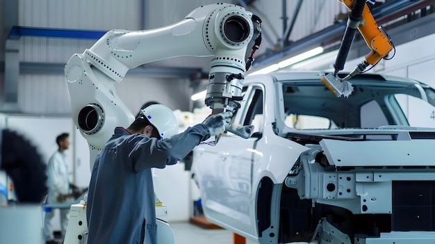 Foto ingenieur regelt de arm van een robotverfmachine in een autowerkplaats