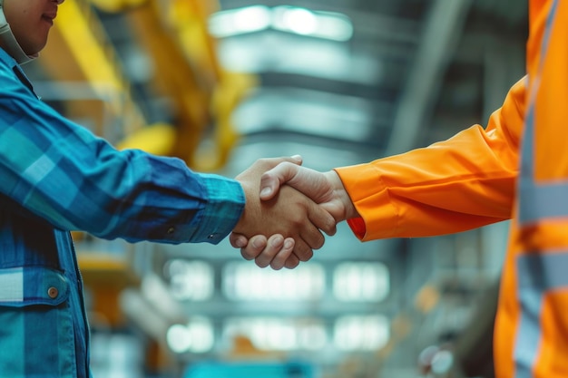 Ingenieur schudden hand samen werknemer met het bouwen van achtergrond