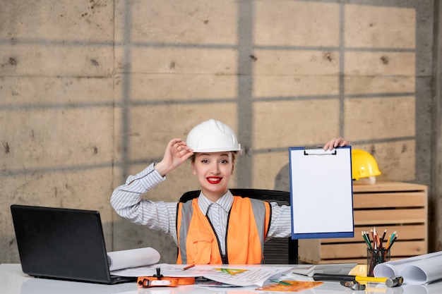 Ingenieur slimme jonge schattige blonde meid civiel werker in helm en vest erg enthousiast over plan