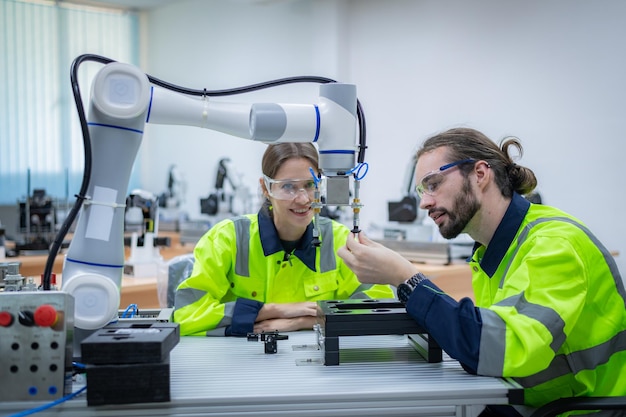 Ingenieur team leren en geanalyseerd om te ontwikkelen automatisering lasrobot machine is kunstmatige intelligente industriële systeem automatiseren monitoring Hitechnology industrie productie concept