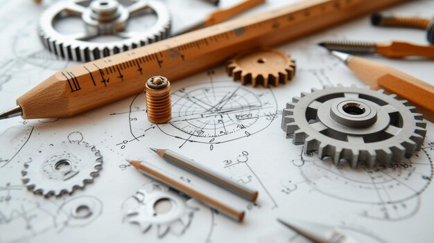 Foto ingenieur tekenmateriaal teken driehoekregelaar of tandwielen