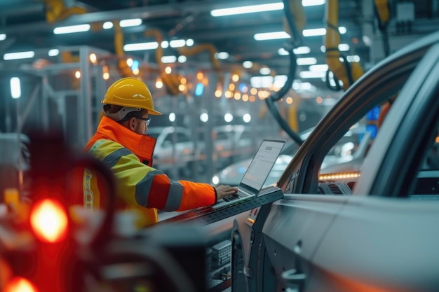 Ingenieur van een autofabriek die een laptop gebruikt in een geautomatiseerde assemblagefabriek