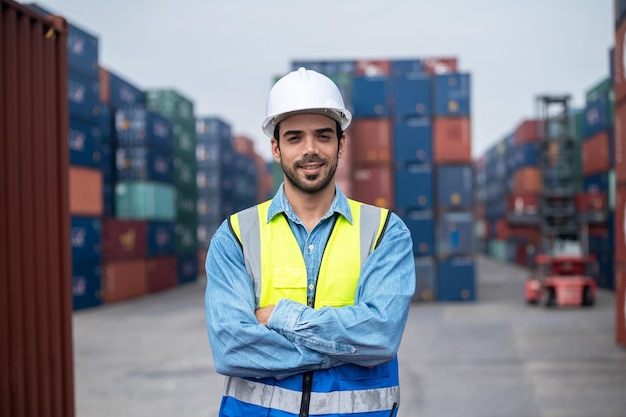 Ingenieur werknemer staat zelfverzekerd op locatie containers werf terminal achtergrond Werknemer werknemer staat zelfverzekerd container logistieke achtergrond