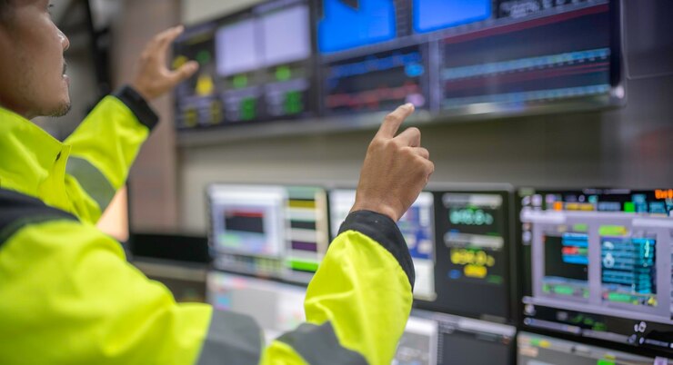 Ingenieur werkt in de controle kamer Manager besturingssysteem Technicus man monitoring programma van een heleboel monitor