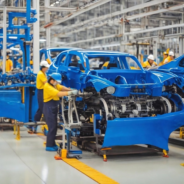 Ingenieur werkt in een fabriek met robots die een blauwe auto maken.