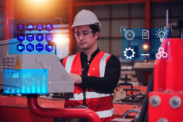 Ingenieur werkzaam in fabrieksindustrie en gebruik technologie visuele schermbesturing productie in fabriek