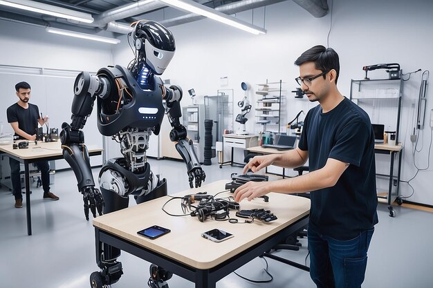 Ingenieurs en wetenschappers in het laboratorium voor de ontwikkeling van robotica