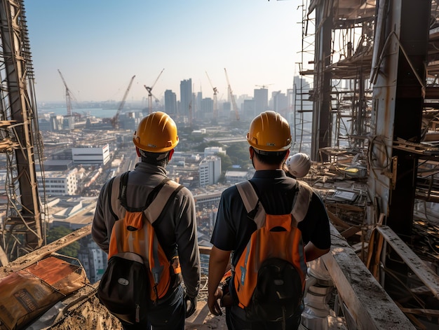 Ingenieurs in helmen kijken naar de stad in aanbouw Generatieve AI