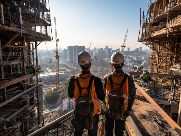 Ingenieurs in helmen kijken naar de stad in aanbouw Generatieve AI