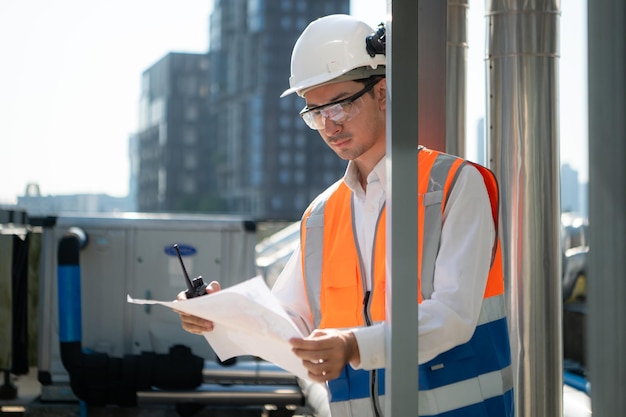 Ingenieurs inspecteren de voltooide airconditioning- en watersystemen om verder te verifiëren