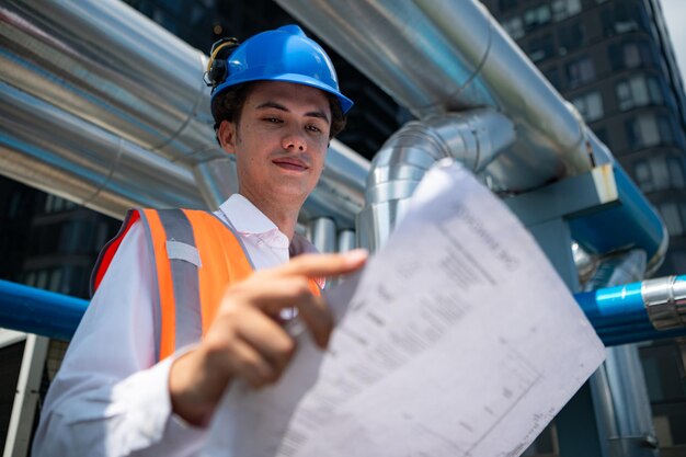 Ingenieurs inspecteren de voltooide airconditioning- en watersystemen om verder te verifiëren