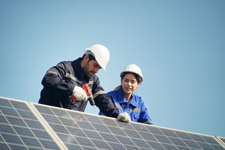 Ingenieurs installeren zonnepanelen op dak Mannelijke ingenieurs lopen langs rijen fotovoltaïsche panelen