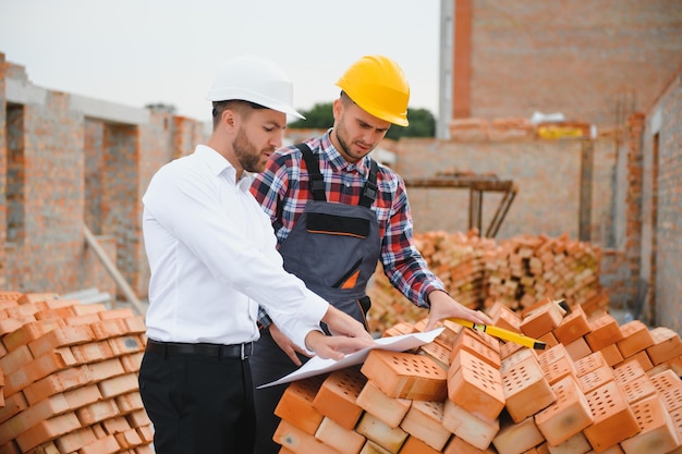 Ingenieursarchitect met bouwvakker en veiligheidsvest die in team op grote bouwwerf samenwerken