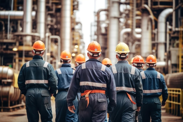 Ingenieursteam in uniform is veiligheidsonderzoek van de olieraffinaderijindustrie