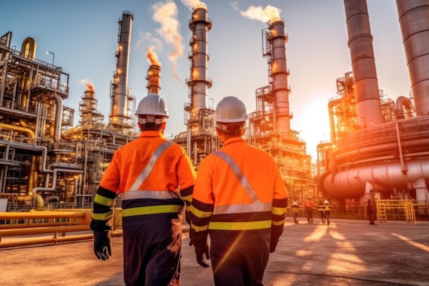 Ingenieursteam in uniform is veiligheidsonderzoek van de olieraffinaderijindustrie