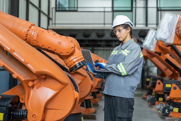 Ingenieursvrouw gebruikt laptopcomputerkwaliteit controleert nieuwe robotarmenmachine in robotmagazijnfabriek