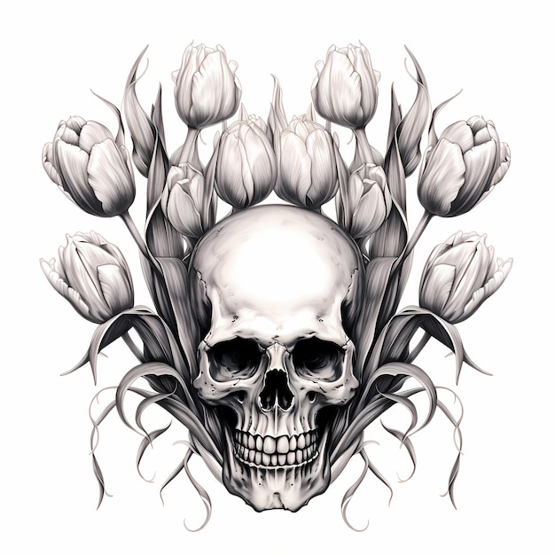 Ingewikkeld evenwicht Zwart-wit Symmetrische schedel met tulpen Kleurblad