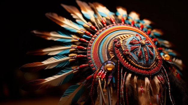 Ingewikkeld kralenwerk op een traditioneel hoofdstuk van een inheemse Amerikaan