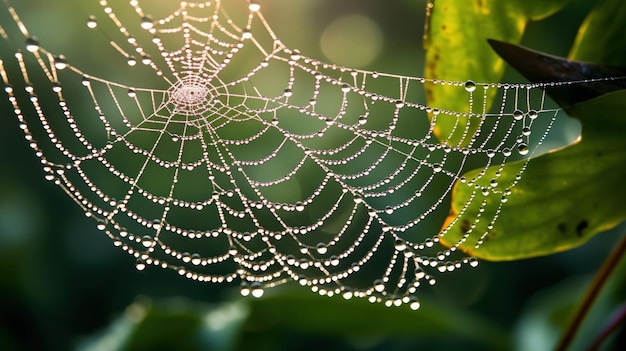 Ingewikkeld spinnenweb in ochtenddauw met delicate waterdruppeltjes die door AI worden gegenereerd