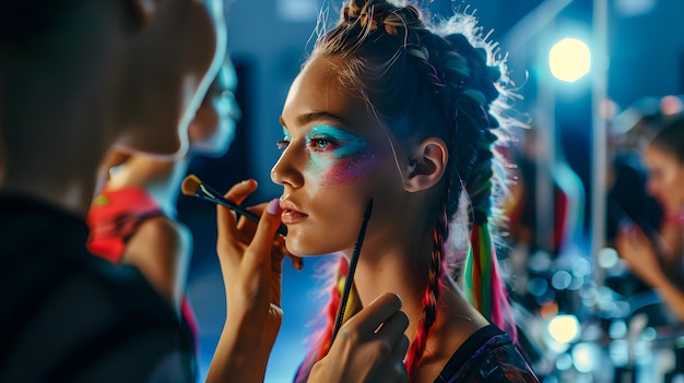 Foto ingewikkelde make-up achter de schermen bij een modeshow