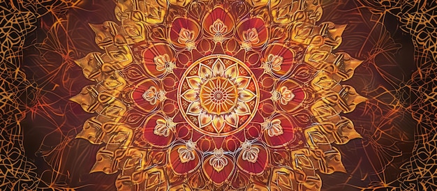 Ingewikkelde Mandala-kunst met warme tonen en gedetailleerde patronen voor een rustgevend decoratief stuk AIG62