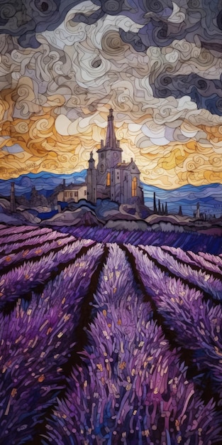 Ingewikkelde neo-impressionistische papierkunst van lavendelvelden in de Franse Provence