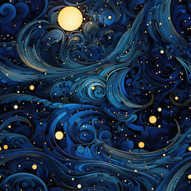 Ingewikkelde sterrennacht tekening met maan en wervelende zee tegels