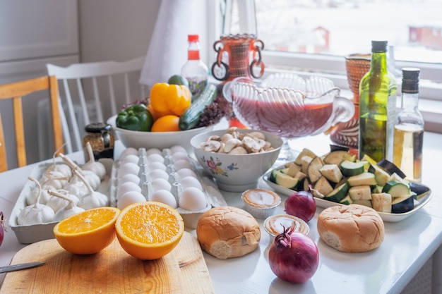 Ingredient raw food with vegetables and fruits preparing for cooking on the table