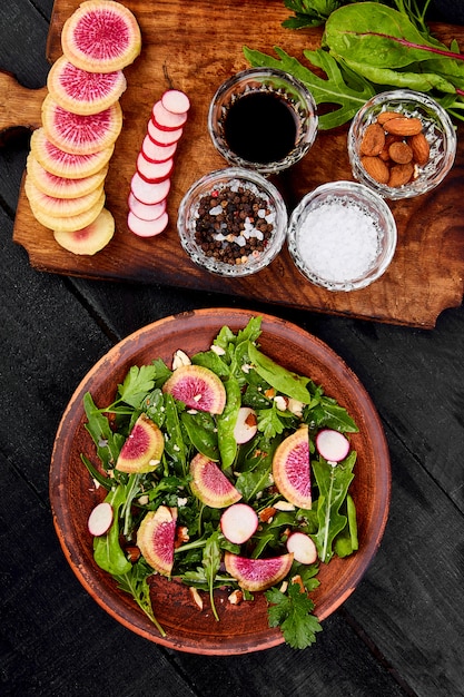 Ingredient and salad brown plate