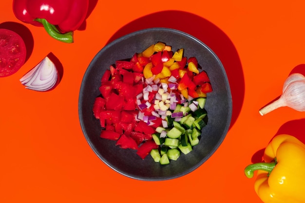 Ingrediënten in een kom voor tomatengazpachosoep op oranje achtergrond