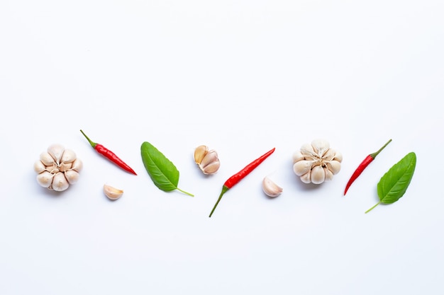 Ingrediënten kruiden en specerijen, heilige basilicum, chili en knoflook