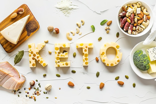 Ingrediënten van het keto-dieet en letters op witte achtergrond