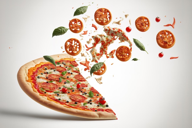 Ingrediënten vliegen in de lucht in een versgebakken pittige pizza geïsoleerd op een witte achtergrond
