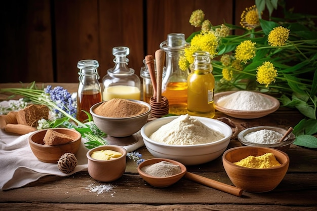 Ingrediënten voor biscuitdeeg op een houten tafel gemaakt met generatieve ai