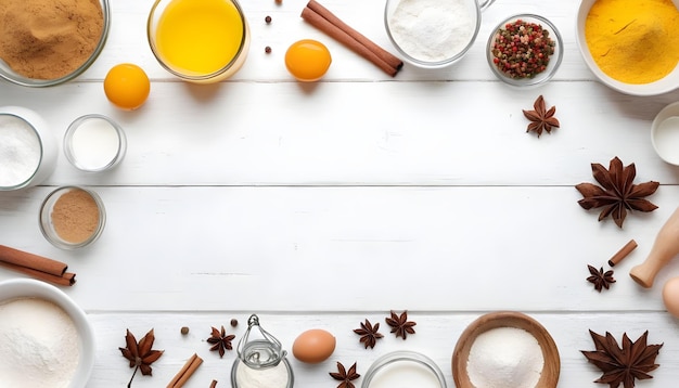 Ingrediënten voor het koken Herfstbakken meel suiker eieren en specerijen op een witte houten tafel