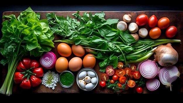 Ingrediënten voor het koken Shakshuka Eieren uien knoflook tomaten paprika's spinazie Zwarte achtergrondAi Generatief