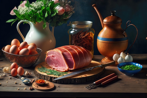 Ingrediënten voor het koken van paasham op tafel