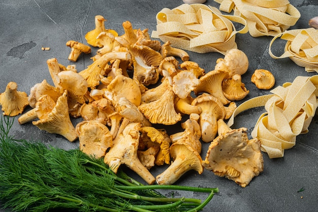 Ingrediënten voor het maken van Italiaanse pasta met champignons cantharellen set, op grijze stenen tafel achtergrond