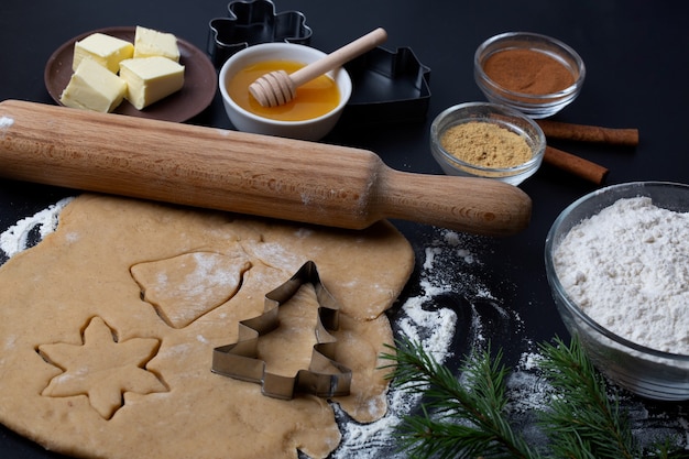 Ingrediënten voor het maken van peperkoekkoekjes voor Kerstmis: eieren, meel, honing, kaneel, gember op een zwarte achtergrond