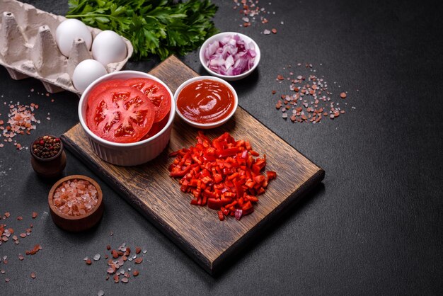 Ingrediënten voor het maken van shakshuka-gerechten met gebakken eieren met tomatensauskruiden en kruiden