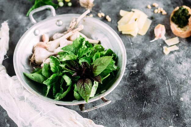 Ingrediënten voor pestosaus op een grijze ondergrond basilicum knoflook parmezaanse kaas pijnboompitten